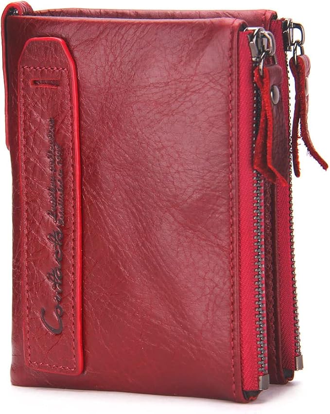 CONTACTS Soft Leather Wallet for Women Small Bifold Coin Purse Double Zipper Card Holder with RFID Blocking (Red)