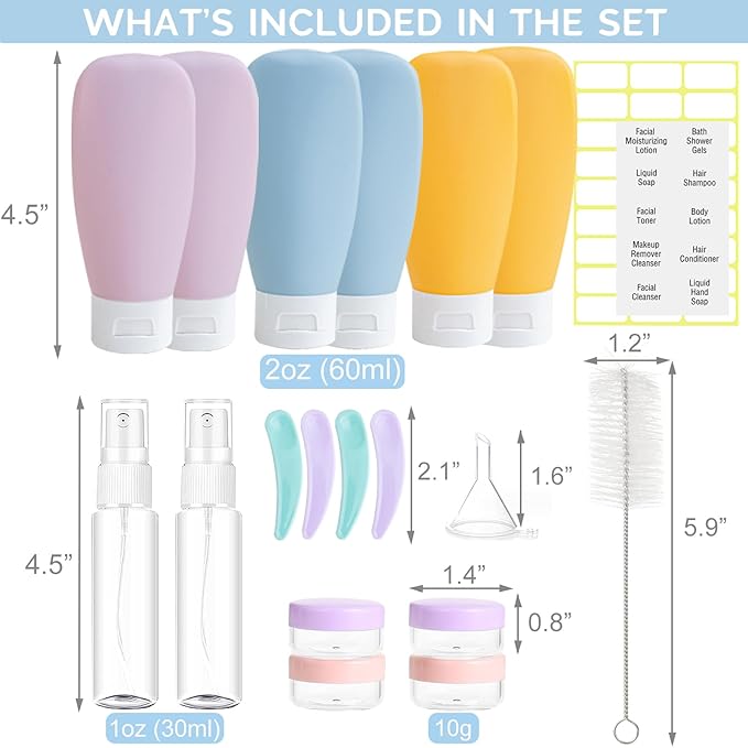 DEWSENSI 20 Pack Travel Bottles Set for Toiletries TSA Approved, Leak Proof Travel Size Containers Kit Portable Refillable Travel Accessories for Shampoo Conditioner Lotion Liquids (Multi-color)