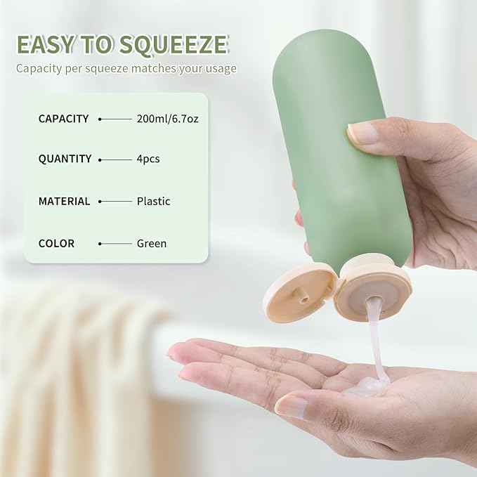Empty Shampoo Bottles 6.7oz - Large Size Refillable Plastic Liquids Toiletry Containers - Empty Leak Proof Lotion Toiletries Dispenser - Green Flip Cap Top Body Wash and Cosmetic Set 4 Pack