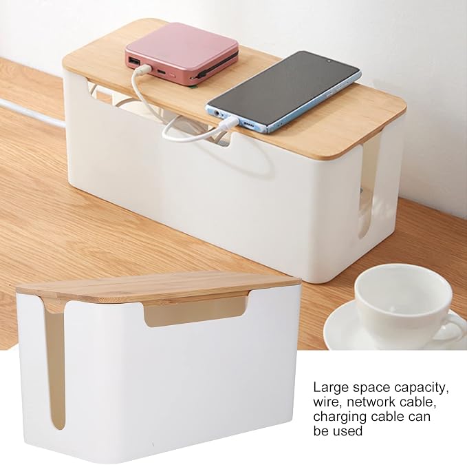 HERCHR Cable Management Box, Small Desk Cord Organizer with Wooden Lid, Cable Box Organizer Power Socket Management for Hiding TV Wires Routers Computers Wires