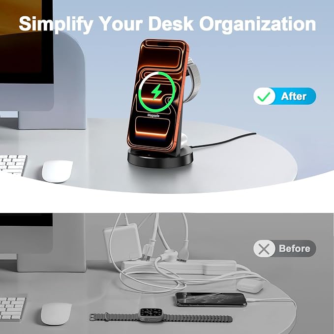 3-in-1 Magnetic Wireless Charger Stand for Apple, 15W Fast Charging Station for iPhone 17 16 15 14 13 Pro Max, AirPods, Watch-Desktop Stand with Sleep-Friendly Light, Ideal for Bedside & Desk