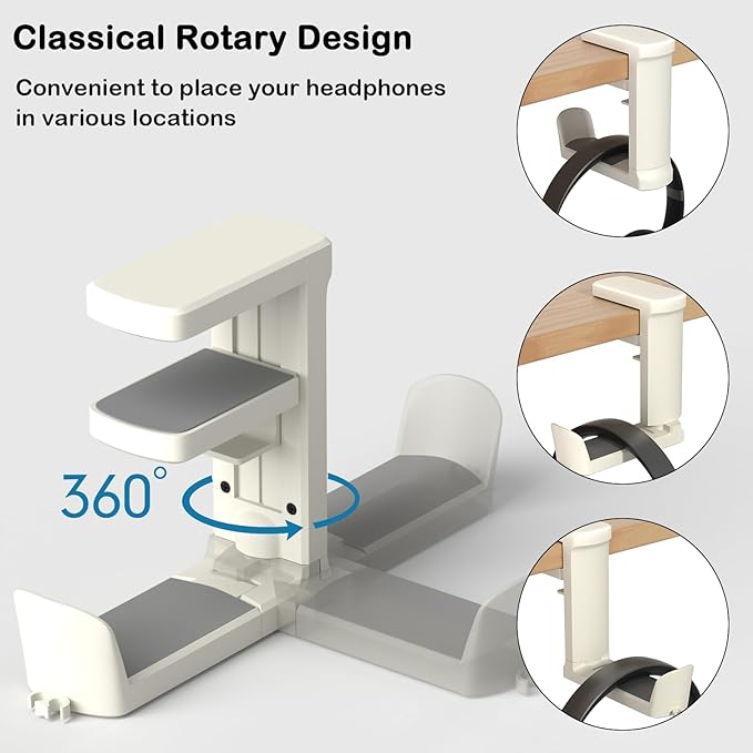 Headphone Hook - Adjustable Clamp-on Headphone Holder, Under Desk Gaming Headset Holder Mount Hook with Rotating Clamp (White)