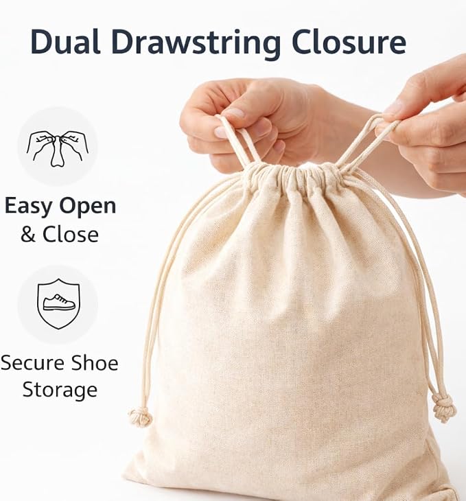 Cotton Shoe Bags with Drawstring | Dustproof, Washable Travel Shoe Pouch | Natural Canvas Organizer for Men & Women | Fits Sneakers, Sandals, Slippers | 14” x 17” (Pack of 3)