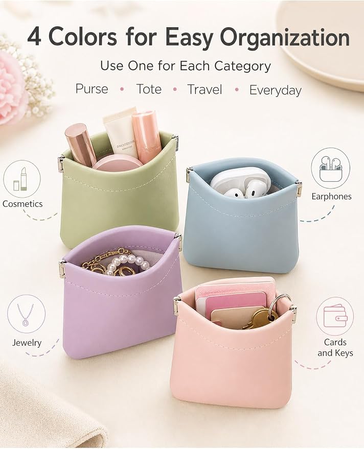 Small Pouches for Purse Organization, 4.7in Self-Closing Snap Makeup Bag Small Purse Pouch for Cosmetics, Lipstick, Portable Travel Makeup Jewelry Organizer(Macaron)
