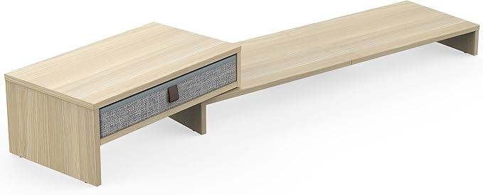 Fenge Computer Monitor Riser Stand with Drawer for 2 or 3 Monitors ,Adjustable Length and Angle Desktop Laptop Stand,Office Organizer,Printer,Oak