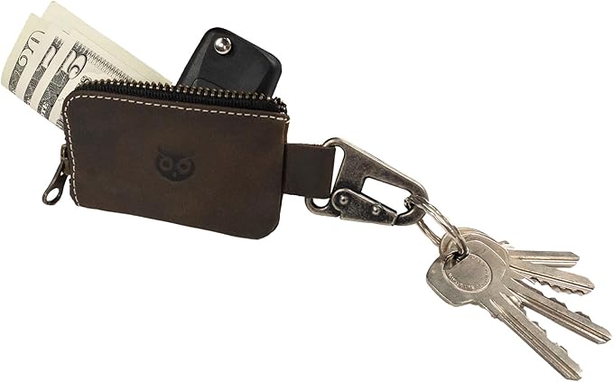 Hide & Drink, Car Key Holder Handmade from Full Grain Leather, Headphone & Charging Cables, Cash Zipper Case with Clasp (Bourbon Brown/White Stitching)