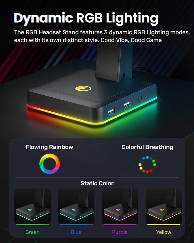 RGB Gaming Headset Stand with 2 USB Ports, Game Headphone Mount for PC, Xbox One, PS4, Switch, Earphone Holder Hanger, Great for Gaming Stations, Fancy Desk Gamer Accessories, Black
