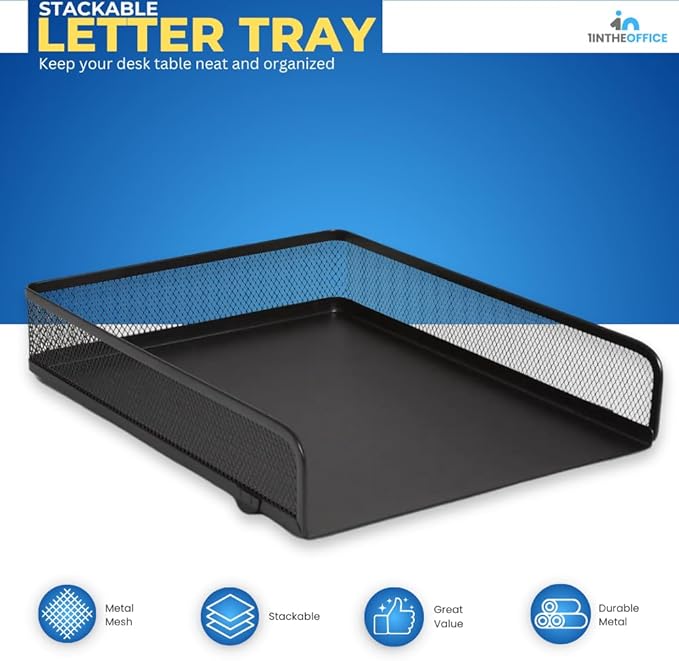 1InTheOffice Stackable Letter Tray, Matte Black Wire Mesh Front-Load Letter Tray