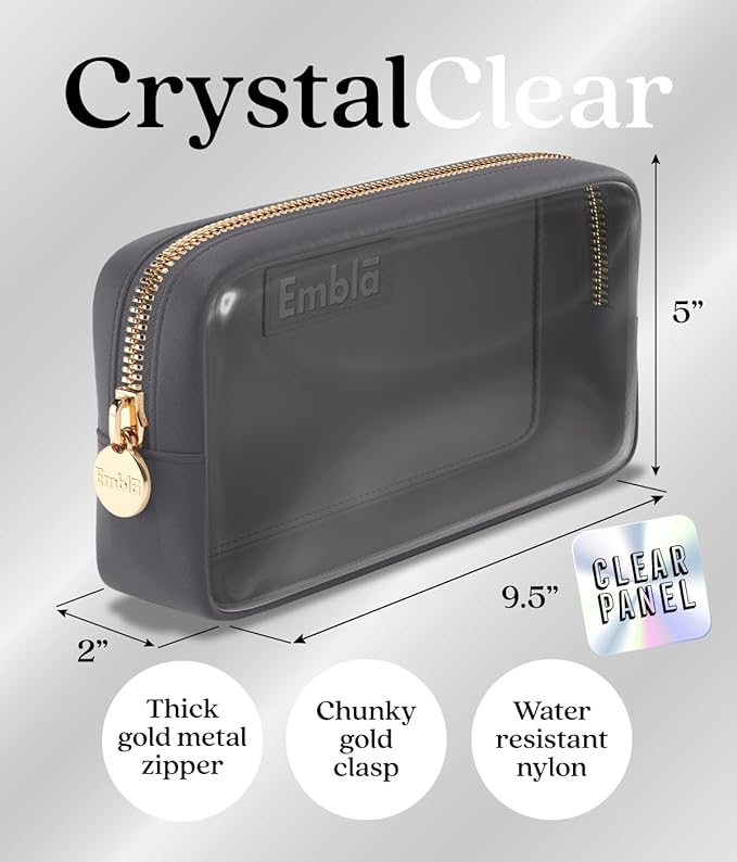 Embla Medium Clear Makeup Bag Travel for Toiletries Cute Make Up Nylon Organizer Pouches Quart Size Cosmetic Bags for Women Girls Zipper Toiletry Skincare Pouch Organizer for Purse Grey