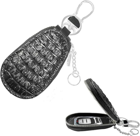 Leather Car Keychain Case Holder - Keyring Zipper Bag Auto Key Fob Cover Case with Metal Hook - Car Key Case Smart Key Fob Protector for Remote Key Fob (Black)