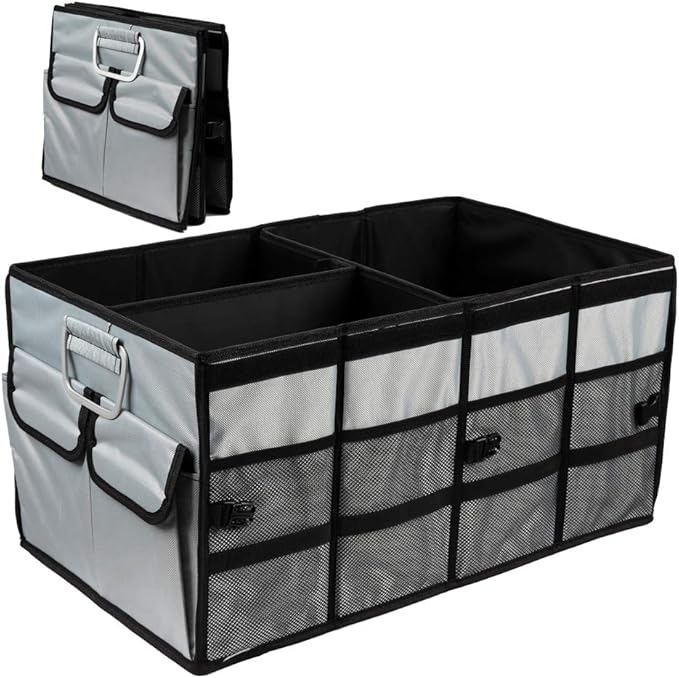 Car Trunk Organizer Collapsible Portable Multi Compartments Organizer with Non Slip Straps for SUV Truck Auto Vehicle Car Auto Minivan (Large without cover, Space gray)