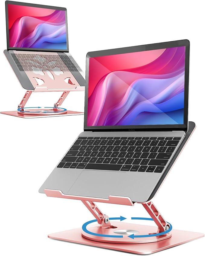 360° Rotating Laptop Stand for Desk | Adjustable, Foldable, Portable Aluminum Ergonomic Riser | Compatible with MacBook, Dell, HP & All Laptops 10-16 inch | Rose Gold