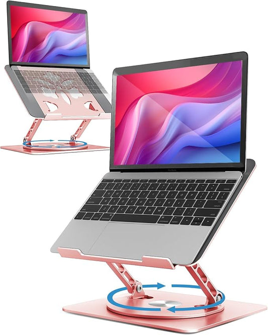 360° Rotating Laptop Stand for Desk | Adjustable, Foldable, Portable Aluminum Ergonomic Riser | Compatible with MacBook, Dell, HP & All Laptops 10-16 inch | Rose Gold