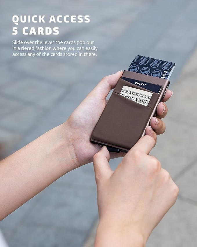 VULKIT Card Holder with Money Pocket Pop Up Wallet RFID Blocking Slim Metal Bank Card Case Holds 5 Cards and Notes