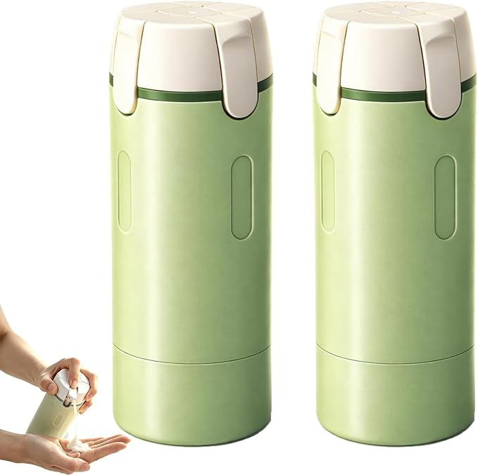4 in 1 Travel Dispenser, Travel Bottles for Toiletries, No Squeeze Press Dispenser 30ML Leak Proof Travel Containers, Portable Refillable Shampoo Lotion Conditioner Bottles with Labels(2Green)
