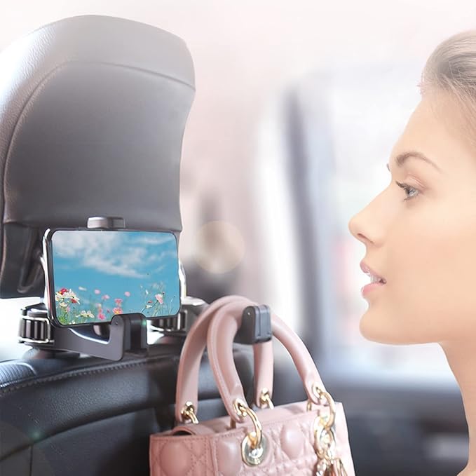Car Headrest Hook with Phone Holder, Universal 360 Rotation Headrest Hooks for Purses and Bags (Silver)