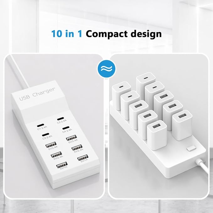 USB Charging Station, 4 USB-C and 6 USB-A Ports USB Charging Block, USB Power Strip for Multiple Devices