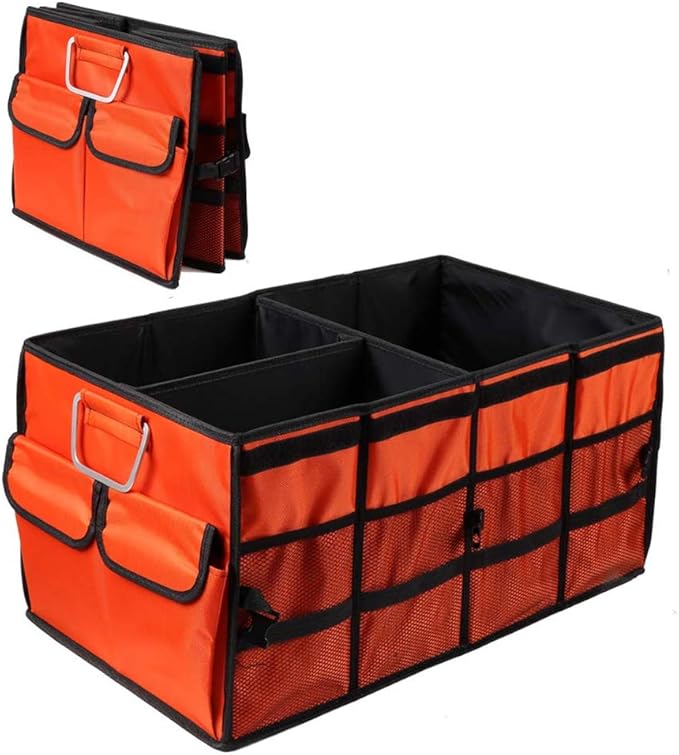 Car Trunk Organizer Collapsible Portable Multi Compartments Organizer with Non Slip Straps for SUV Truck Auto Vehicle Car Auto Minivan (Large without cover, Orange)
