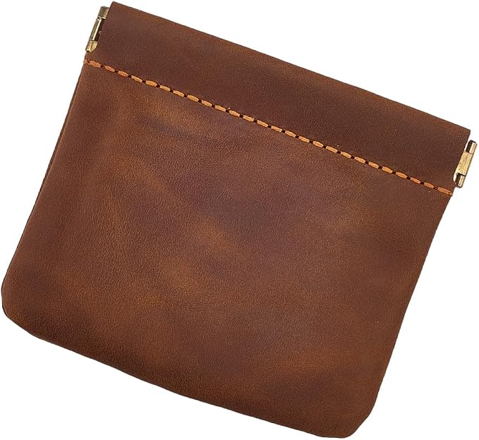4.72 x 4.02 Inch Genuine Leather Small Makeup Cosmetic Bag for Purse Squeeze Coin Purse Pouch Crazy Horse Leather Self-Closing Pouchic Mini Snap Closure Organizer Pouch for Women Men(Brown)