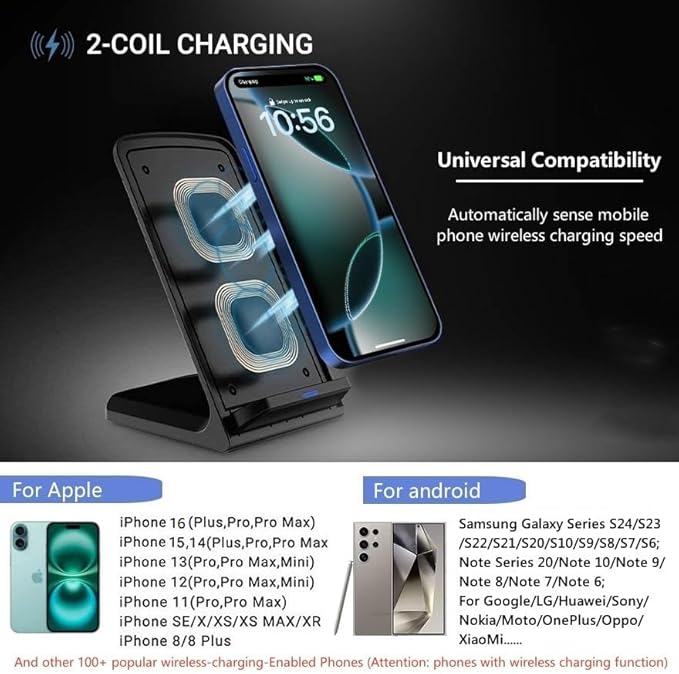 20W Fast Wireless Charger,Wireless Charging Stand Compatible with iPhone 17,17 Pro,16,15,14,13,12,11 Series/X,Phone Charger for Galaxy S25/S24/S23/Note,Pixel/LG (No Plug)