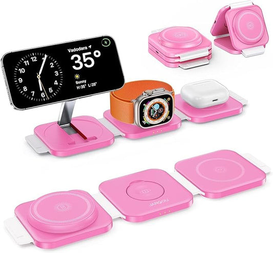 3 in 1 Magnetic Wireless Charger, Fast Charging Station for iPhone 17/16/15/14/13/12 Series, Travel Charger for Multiple Devices for AirPods 4/3/2/Pro, Charging Stand for Apple Watch Series (Pink)