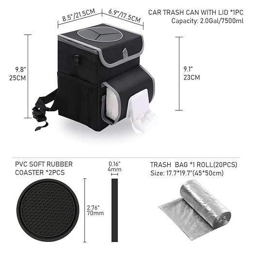 upra Car Trash Can with Lid,Bag Hanging Storage Pockets,Adjustable Tissue Holder & Straps,Portable Waterproof Garbage Bin, 1.98 Gal Large Capacity Multipurpose Bin