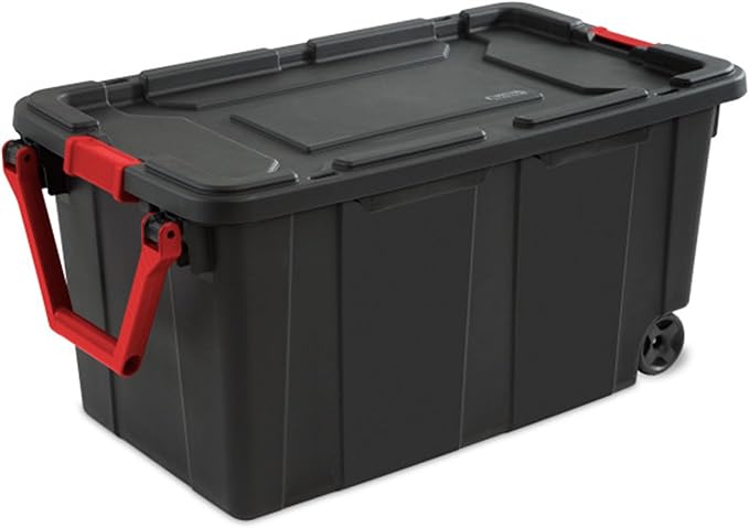 Sterilite 4-Pack Industrial Tote, Heavy-Duty Storage Bins w/Lids and Wheels, 40 Gallon - Stackable Organizing Containers for Home, Garage, Office, and Basement