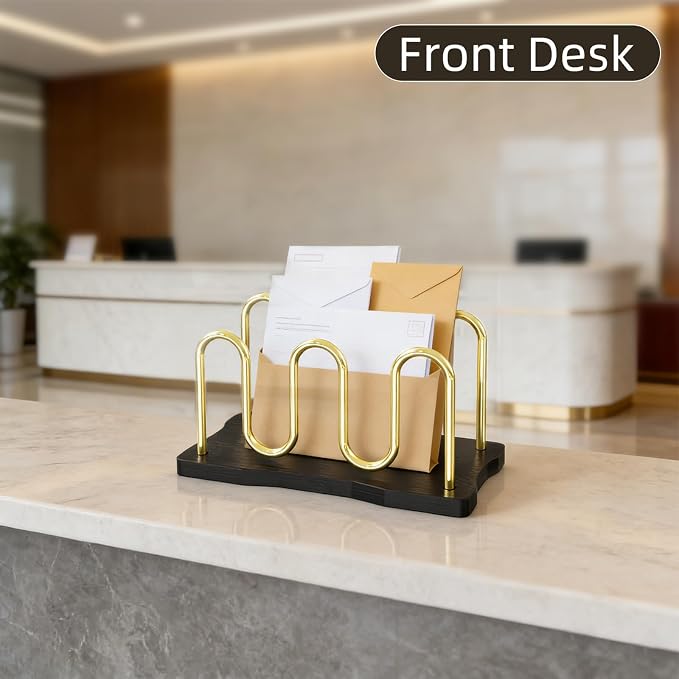 Mail Holder Organizer Countertop, Metal Mail Sorter for Desk, Cutout Mail Storage Bills Organizer Letter Tray Design with Bamboo Base for Home Office (Black)
