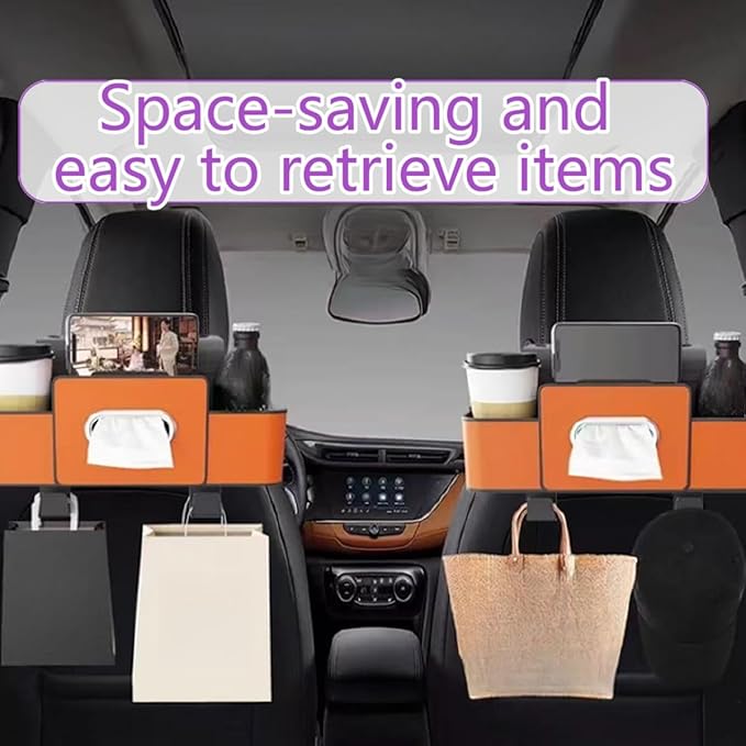 3-in-1 Multifunctional Car Backseat Organizer with Cup Holder, Tissue Box, Trash Bin & Hooks for Hold Phones, Snacks, Drinks, Handbags (Brown)