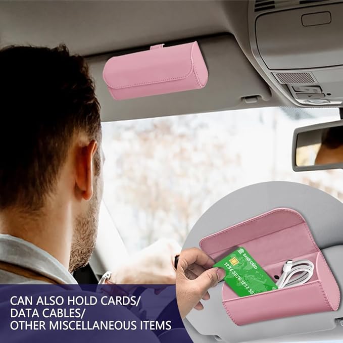 Sunglasses Holder for Car Sun Visor, Sunglass Organizer for Car, Magnetic Leather Eyeglasses Protective Storage Case, Waterproof Glasses Organizer Visor Accessories for Vehicles (Pink)