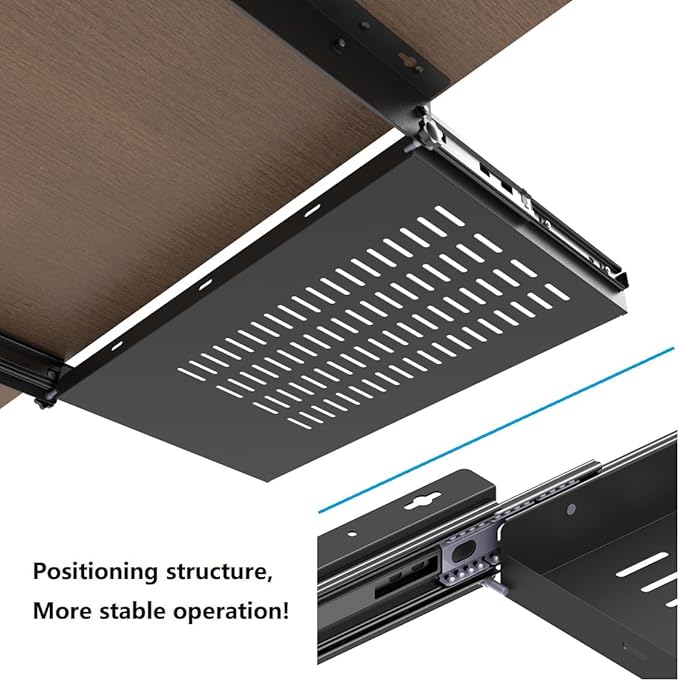 JINGCHENGMEI 21 inch Sliding Under Desk Laptop Mount with Air Vents, Metal Under Desk Slide Out Tray for Laptop (21 Inch)