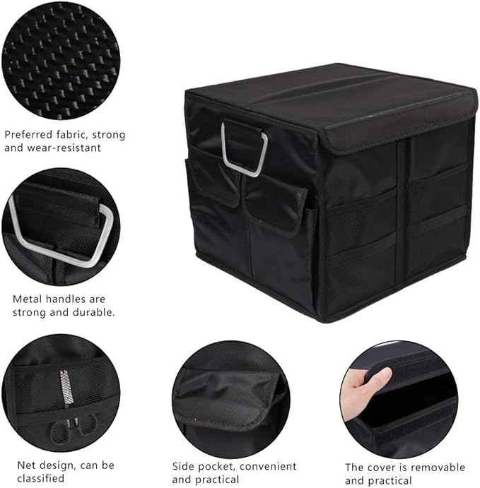 Car Trunk Organizer Collapsible Portable Multi Compartments Organizer with Non Slip Straps for SUV Truck Auto Vehicle Car Auto Minivan(Small covered, Black)