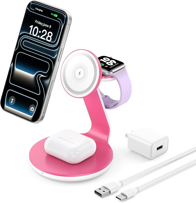 3-in-1 Magnetic Wireless Charging Station Compatible with MagSafe Charger,Fast Charger Stand for iPhone 17 16 15 14 13 12 Pro Max,Wireless Charger for iWatch Series,for AirPods Pro/4/3/2