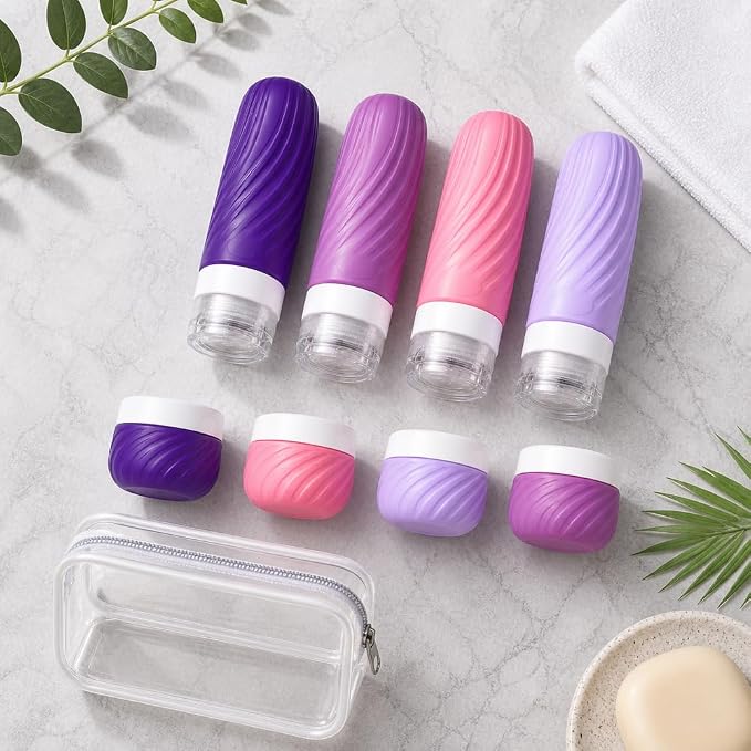 8 Pack Travel Bottles for Toiletries, TSA Approved Silicone Travel Size Containers, Refillable Liquid Leak Proof Shampoo and Conditioner Bottles & Cream Jars, Airplane Carry On Essentials
