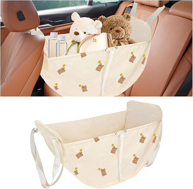 Car Seat Organizer - Large Capacity Auto Backseat Organizer, Collapsible Car Hammock Storage Bag, Reusable Tote with Drawstrings, Road Trip Essentials for Adults Kids (Beige)