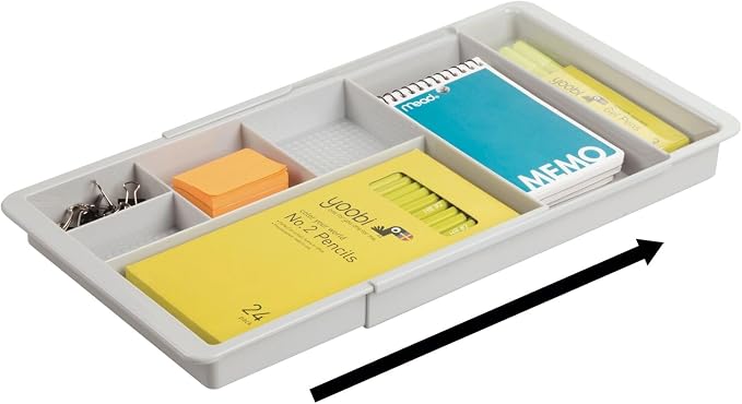 mDesign Expandable Plastic Drawer Organizer and Storage Container for Office Supplies - Gel Pen Pencil, Marker, Stationary, Desk Supply Holder for Drawers and Desktop - Lumiere Collection - Light Gray