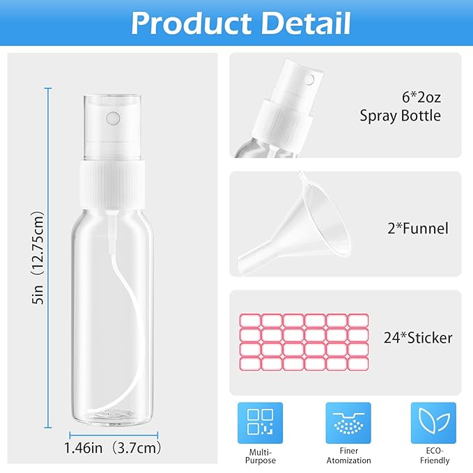 Zoizocp Spray Bottles, 2.7oz/80ml Clear Empty Fine Mist Plastic Mini Travel Bottle Set, Small Refillable Liquid Containers with 2pcs Funnels and 24pcs Labels (6 Pack)