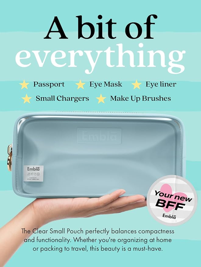 Embla Medium Clear Makeup Bag Travel for Toiletries Cute Make Up Nylon Organizer Pouches Quart Size Cosmetic Bags for Women Girls Zipper Toiletry Skincare Pouch Organizer for Purse Blue
