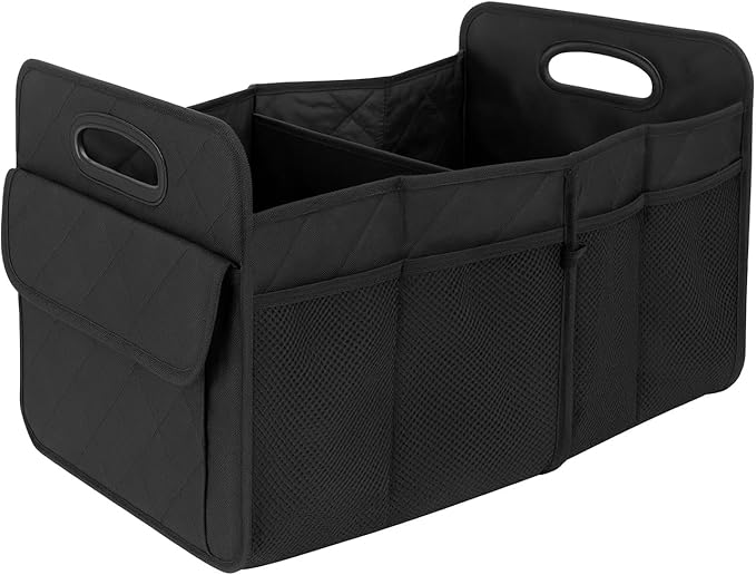 D & K Exclusives Foldable Car Trunk Organizer for SUV & Cars, Heavy-Duty Storage Box with 5 Pockets, Waterproof Fabric, Collapsible Cargo Organizer for Groceries, Tools, Travel & Daily Use – Black