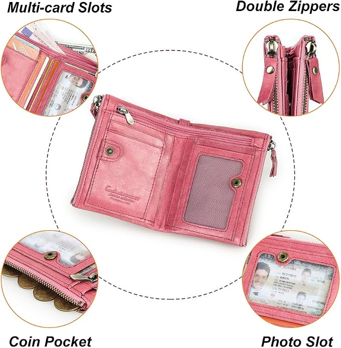 CONTACTS Soft Leather Wallet for Women Small Bifold Coin Purse Double Zipper Card Holder with RFID Blocking (Watermelon Red)