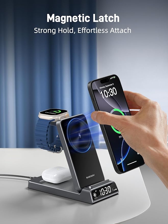 3 in 1 Charging Station for Apple, Magnetic Charger for iPhone, Foldable Wireless Charger with Clock, Travel Watch Charger Stand for iPhone 17/Air/16/15 Series, iWatch 10/AirPods 4 (Grey)