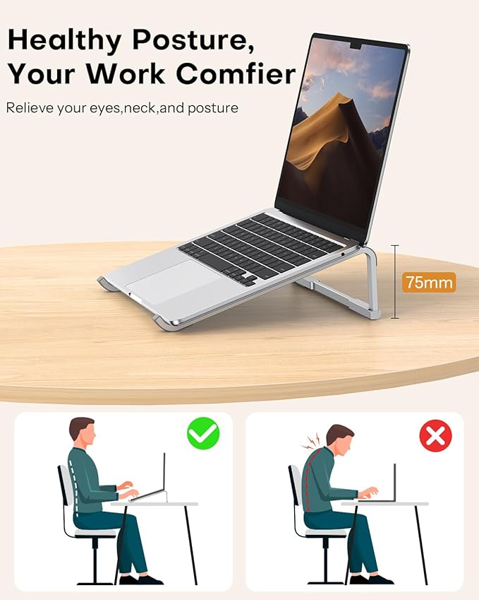 OMOTON Portable Laptop Stand for Desk, Foldable Aluminum Laptop Riser, Ergonomic Computer Stand Compatible with for MacBook Pro/Air, Dell, HP, Lenovo, 10-17.3'' (Silver)