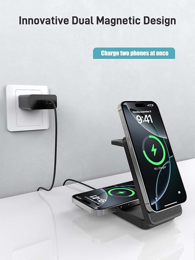 Wireless Charger for Apple Charging Station, Dual MagSafe Charger for iPhone 17/17 Pro/17 Pro/iPhone 16 Pro Max//AirPods, 3 in 1 Foldable iPhone Charging Station, Watch Charger for Apple iWatch Series