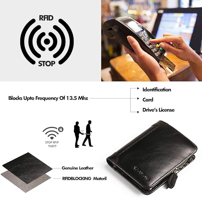 MANBANG Mens Wallet Zipper Genuine Leather RFID Card Holders Cowhide Zip Coin Pocket Bifold wallets for men