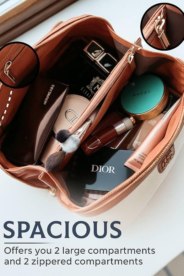 Travel Makeup Bag Waterproof Large Cosmetic Organizer Pouch with Brush Holder, Compartments & Handle – Toiletry Bag Women – Portable Clear Makeup Case for Travel