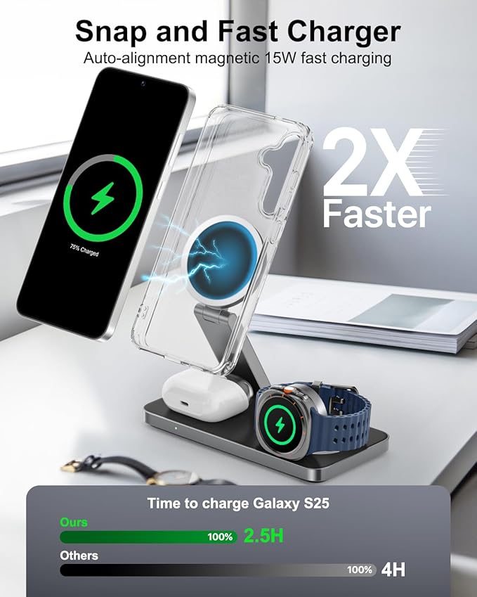 3-in-1 Charging Station for Samsung, Magnetic Fast Wireless Charger Stand Compatible with MagSafe for Galaxy S26/S25/S24/S23/Z Fold/Flip Series, Galaxy Watch Ultra/8/7/6/5, Galaxy Buds Pro/4/3/2