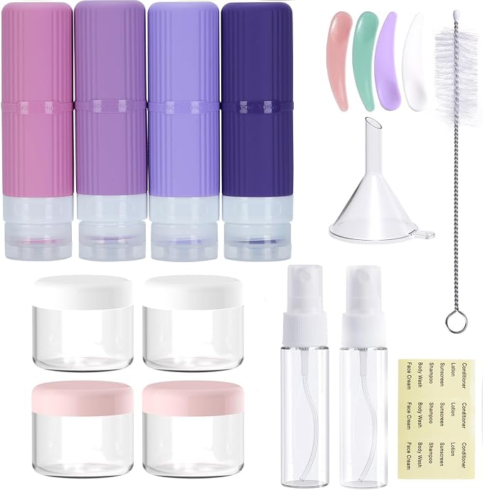 18 packs of toiletries travel bottles, TSA Approval silicone travel containers, leak proof refillable shampoo and conditioner are essential for travel, fitness, business trips, office use(purple)