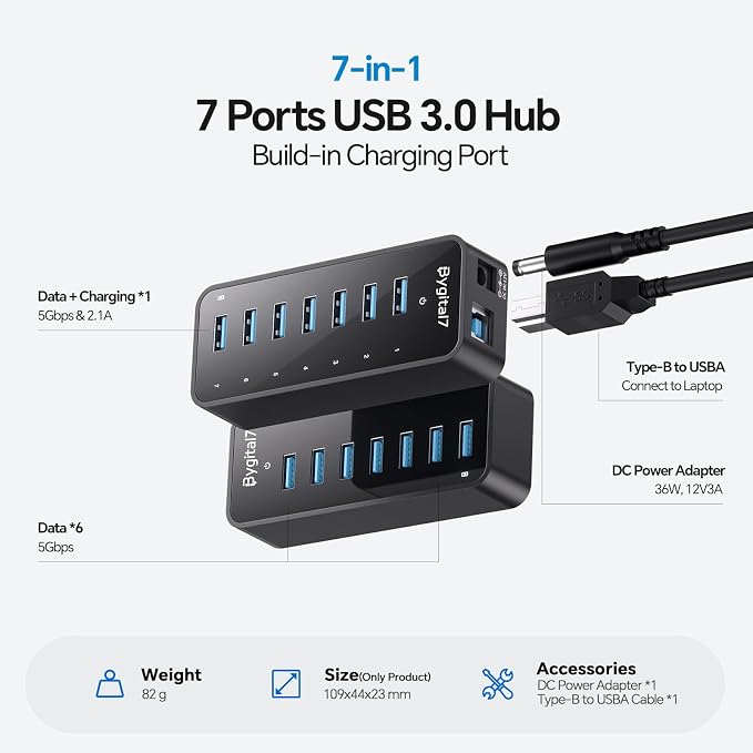 Powered USB 3.0 Hub, 7-Port USB Data Hub with 1 BC1.2 Port and 36W Power Adapter, USB Splitter for Laptop, PC, Desktop, External HDD, and Mobile Devices