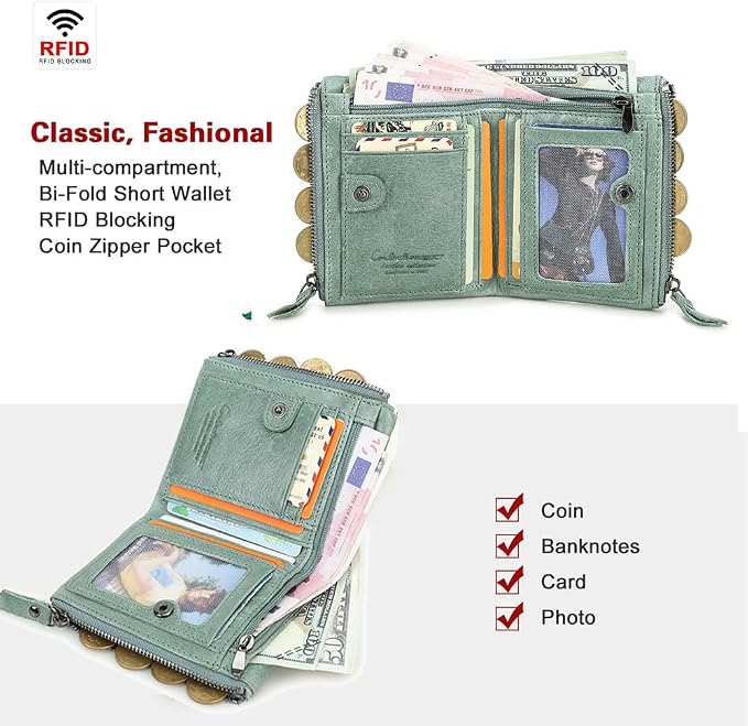 CONTACTS Soft Leather Wallet for Women and Men Small Bifold Coin Purse Double Zipper Card Holder RFID Blocking (Matcha Green)