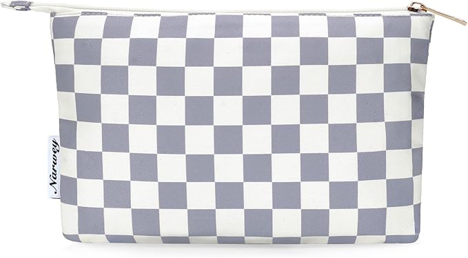 Narwey Small Checkered Makeup Bag for Purse Small Cosmetic Bag Women Travel Makeup Pouch Zipper Pouch (Grayish Blue Checkerboard)